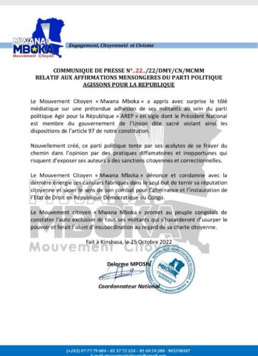 Rdc- le mouvement citoyen Muana Mboka accuse le parti politique AREP d'instrumentaliser les membres de son mouvement.(Communiqué)