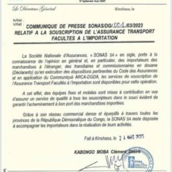 Rdc - Société Nationale d'Assurances  > sensibilise sur la  souscription de l'assurance transport facultés à l'importation. (Document).