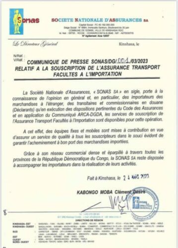 Rdc - Société Nationale d'Assurances  > sensibilise sur la  souscription de l'assurance transport facultés à l'importation. (Document).