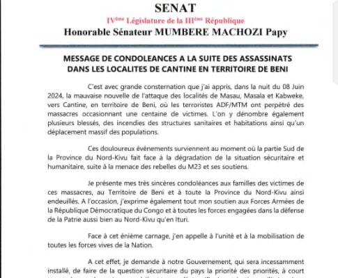 Rdc- attaque terroriste des Adf dans plusieurs territoires de Beni: l’honorable Papy Machozi consterné. (Message des condoléances)